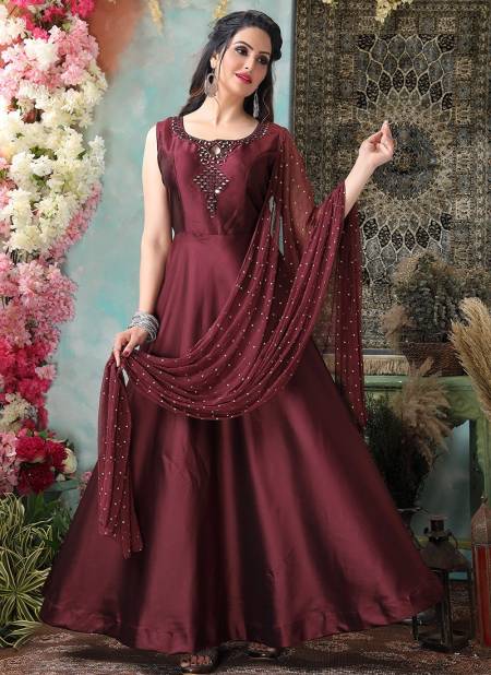 Wine Colour Fancy Designer Wedding Wear Taffeta Anarakali Salwar Suit Collection 1227-548